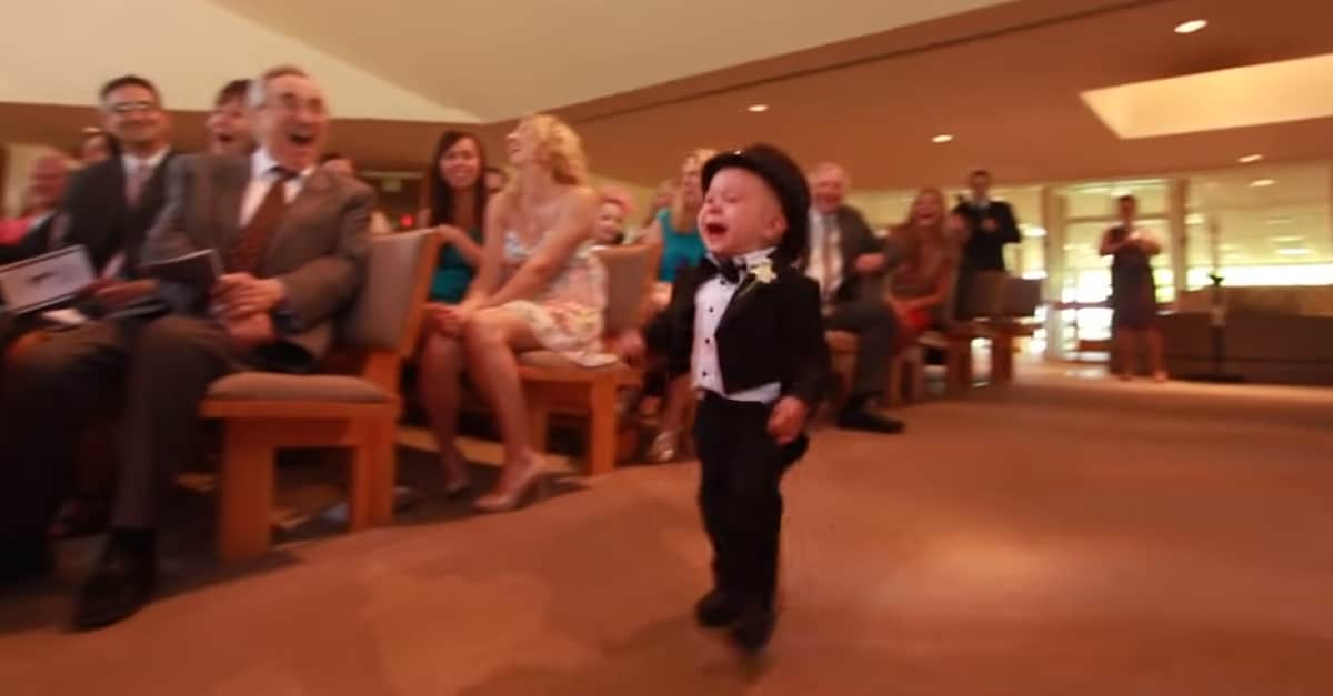 Il minuscolo portatore di anelli di matrimonio ruba completamente la scena agli sposini