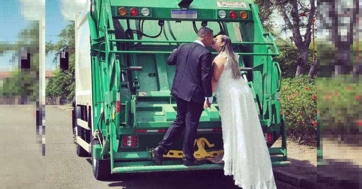 La sposa decide di fare le foto del suo matrimonio sul camion della spazzatura per onorare il lavoro del marito