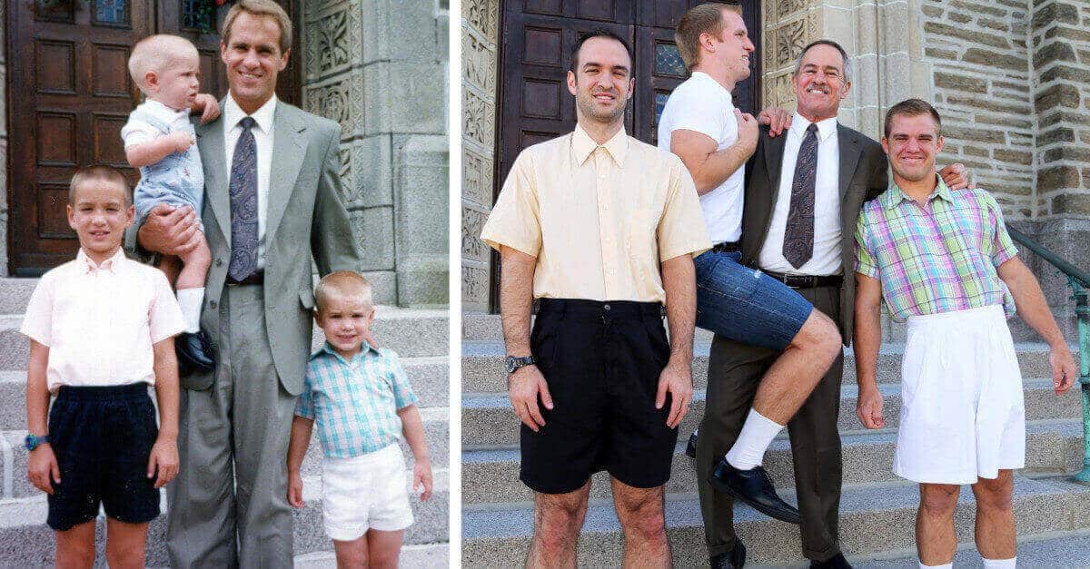 Tre fratelli sorprendono la madre ricreando in modo esilarante 13 foto della loro infanzia