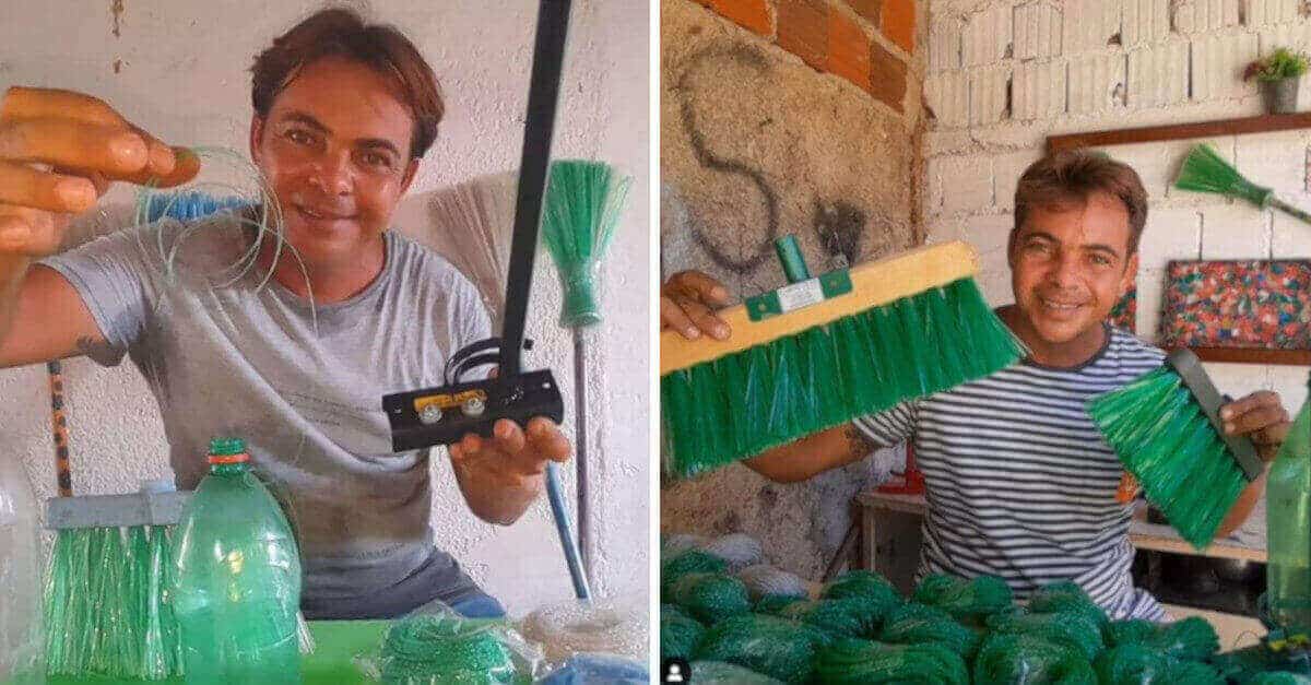 Il giovane brasiliano trasforma le bottiglie di plastica in scope riciclate