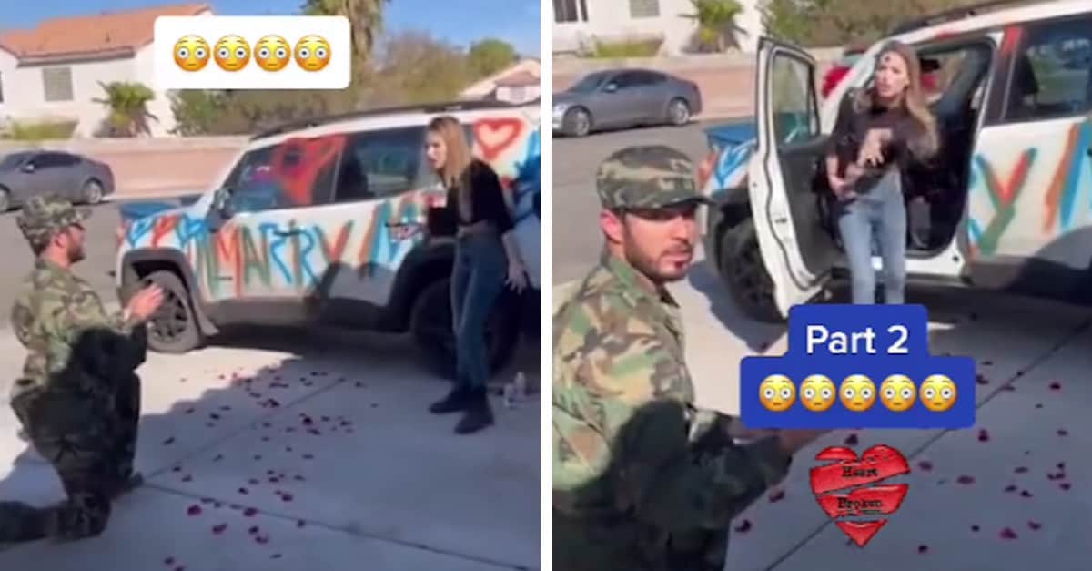 Soldato chiede alla sua ragazza di sposarlo e lei si arrabbia perché ha dipinto la sua macchina con lo spray