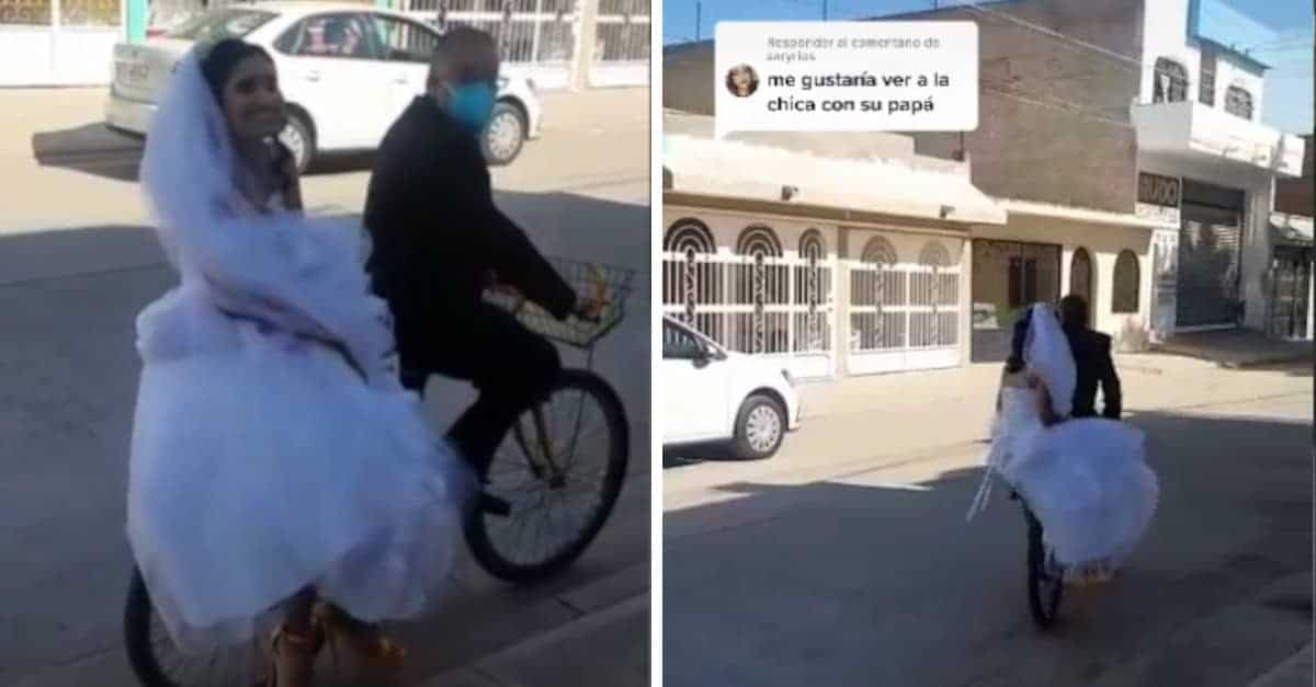 Il padre orgoglioso porta la figlia all’altare in bici perché è così che la portava ovunque