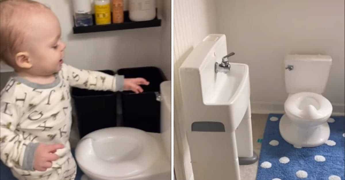 Due genitori costruiscono un bagno in miniatura per il loro figlioletto