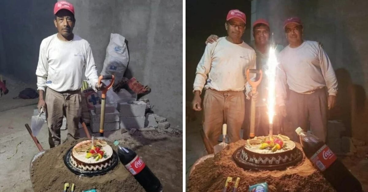 Muratori festeggiano il compleanno del loro collega con una torta e una Coca-Cola
