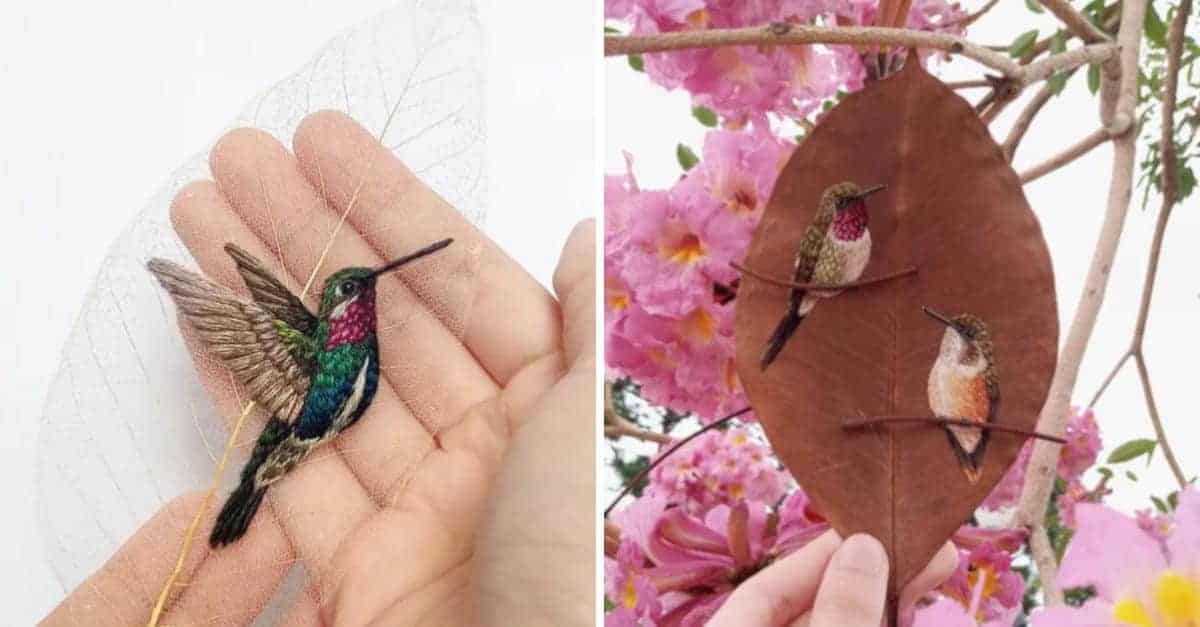 L’artista brasiliana Laura Dalla Vecchia ricama sorprendenti uccelli sulle foglie: 16 foto