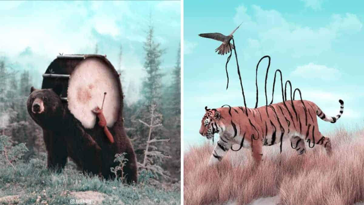 20 immagini ricreate da un artista in cui gli animali fanno quello che secondo lui farebbero quando nessuno li guarda