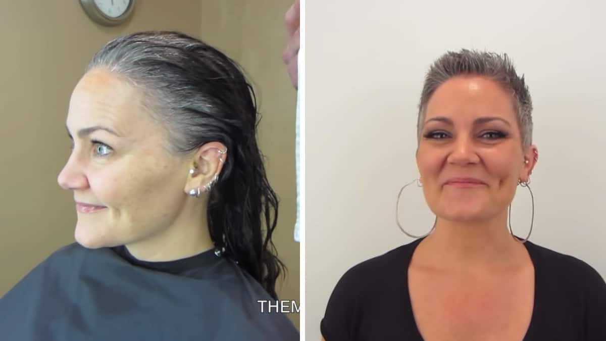 Una donna stanca della ricrescita dei capelli grigia cambia il suo taglio di capelli per uno corto e audace