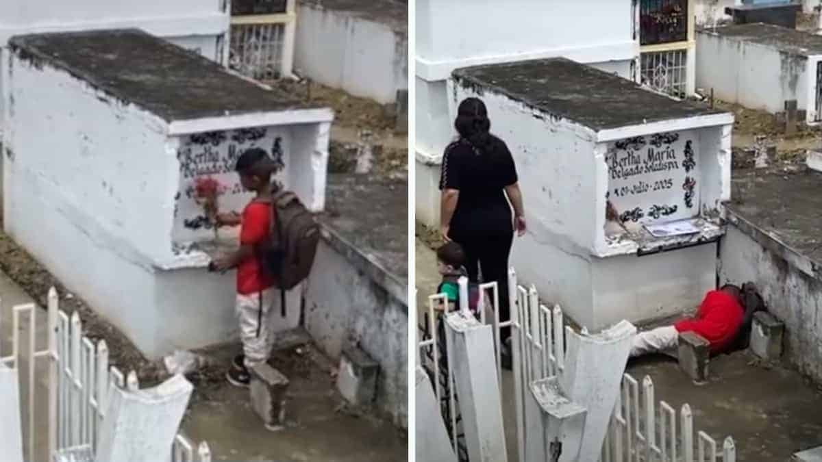 Il bambino ha visitato sua madre al cimitero e si è addormentato sulla sua tomba. Le ha portato dei fiori e i compiti