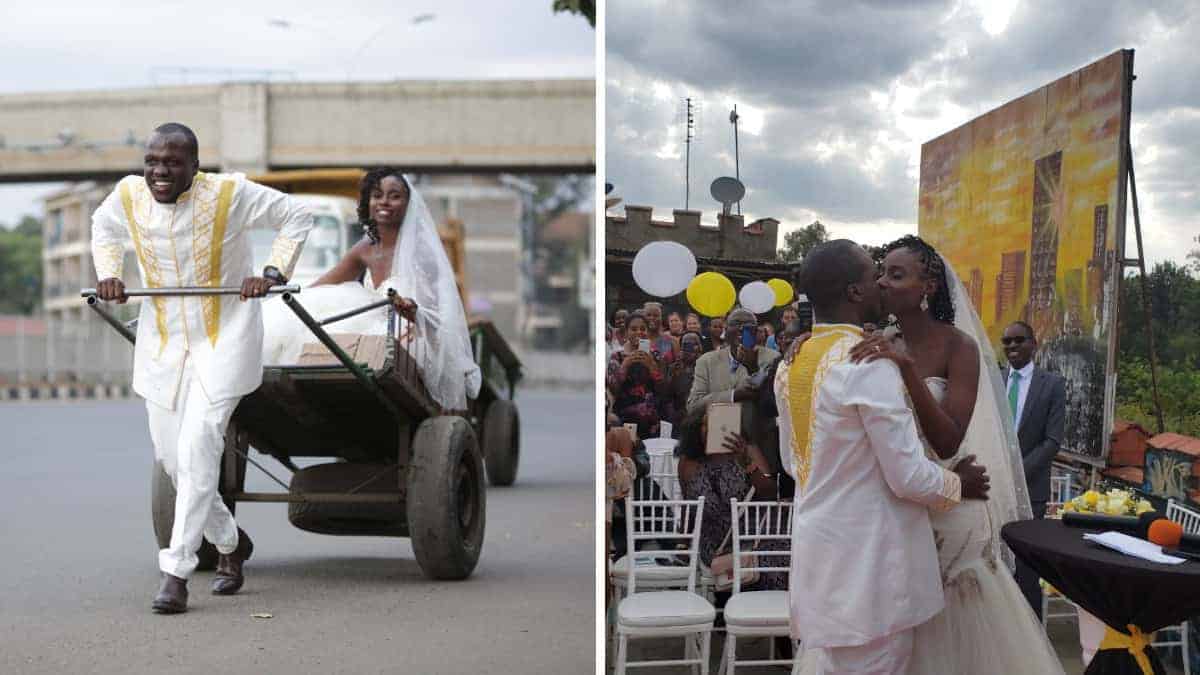 La sposa arriva al suo matrimonio su una carriola fatta dal suo fidanzato. Non c’è “limousine” che batte l’amore