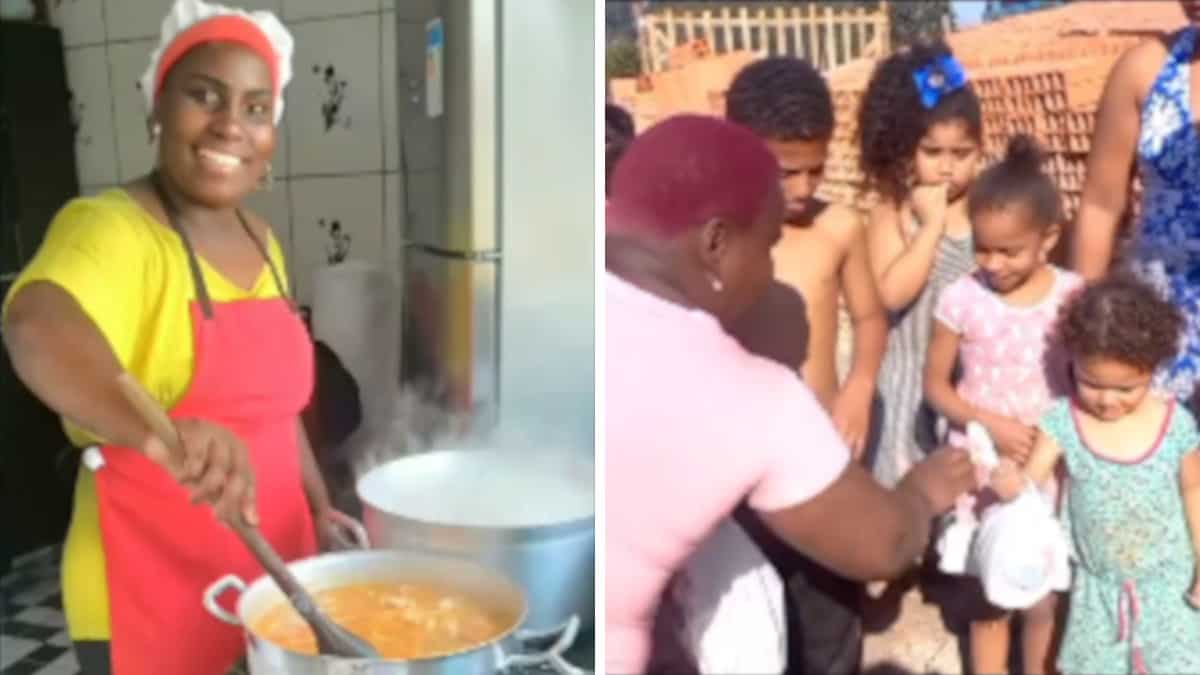 La donna che ha sofferto la fame prepara pasti caldi per le persone che vivono per strada