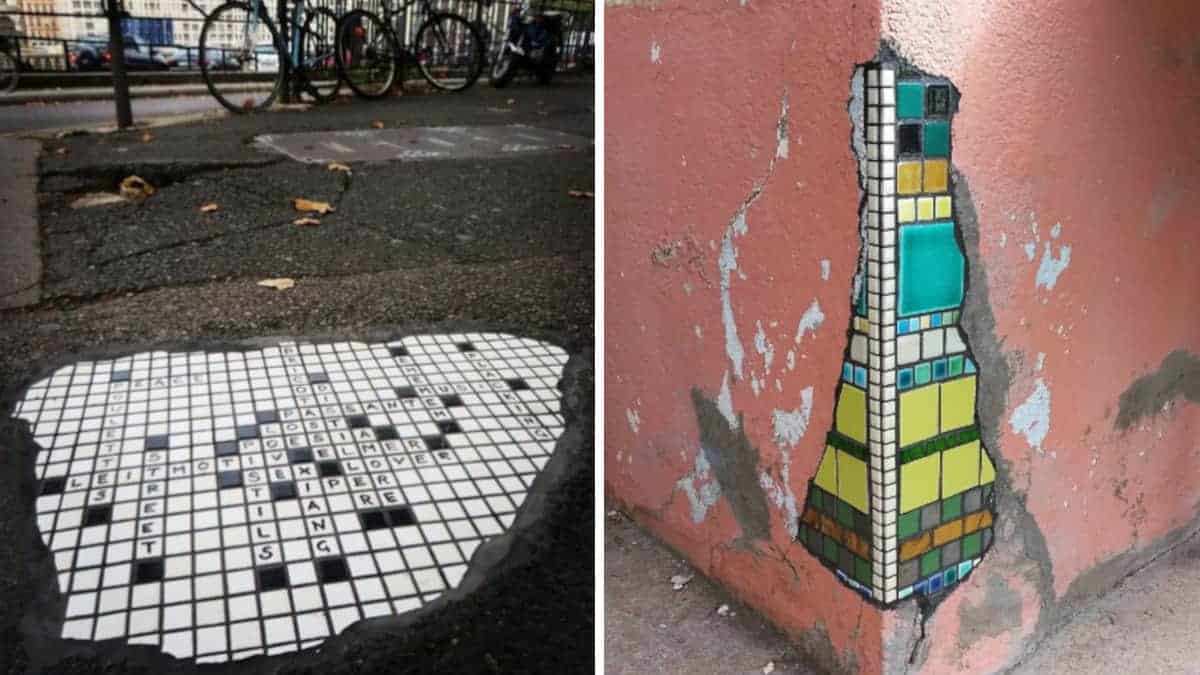 Marciapiedi e pareti fratturate riparati con vivaci mosaici piastrellati: 15 Foto