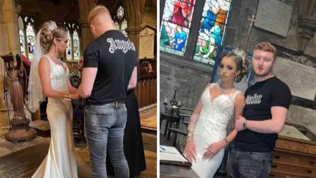 Si presenta in Jeans e maglietta al suo matrimonio, mentre la sposa è vestita in maniera impeccabile