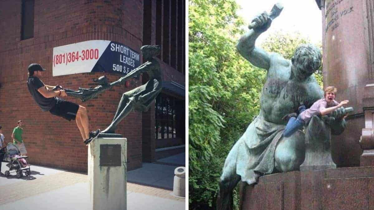 15 foto esilaranti e intelligenti di persone in posa con statue
