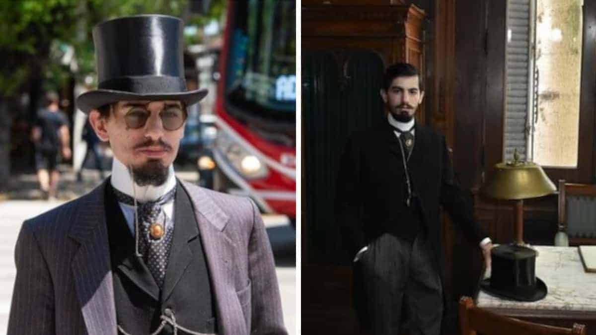 A 30 anni veste come i protagonisti del secolo scorso. Indossa un orologio da taschino e un cappello a cilindro