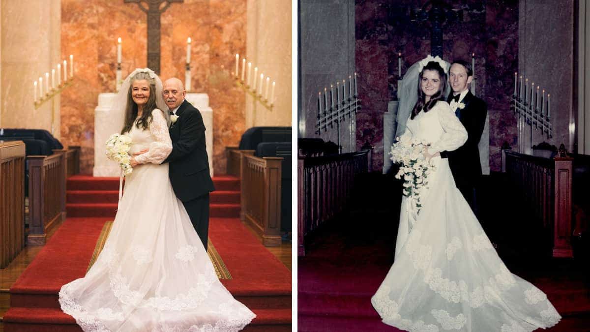 La coppia celebra il loro 50° anniversario di matrimonio ricreare le fotografie fatte il giorno del loro matrimonio.