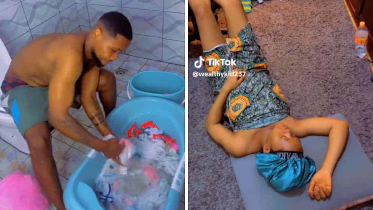 L’uomo aiuta la moglie a pulire i panni sporchi del bambino per farla riposare