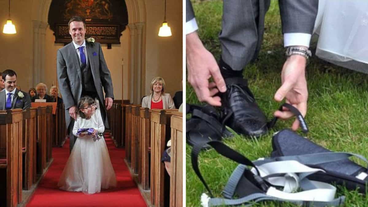 Ti farà sciogliere il cuore: una piccola Cenerentola di 4 anni compie i suoi primi passi grazie all’aiuto delle cinture legate al papà.