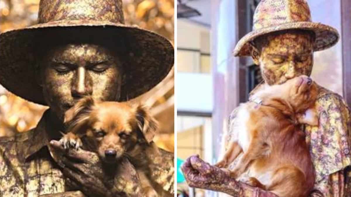 Il cane finge di essere una statua per aiutare il padre umano che è un artista di strada