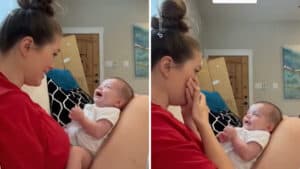 la prima risata del figlio commuove la madre