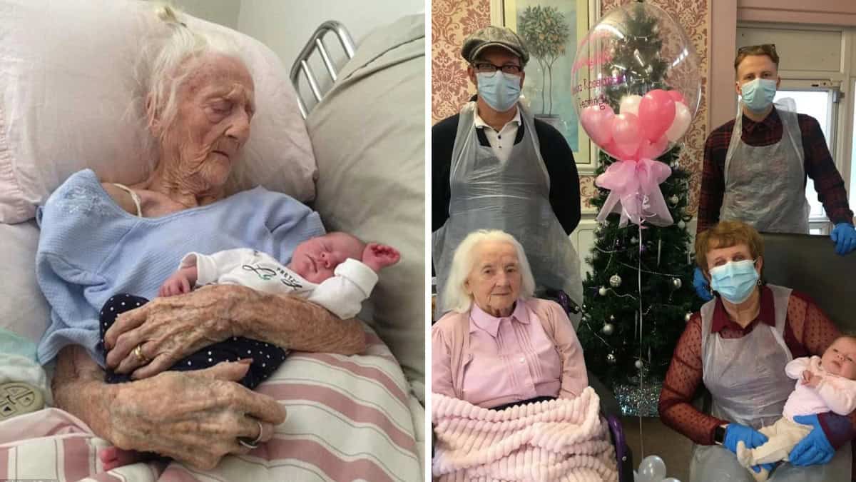 A 101 anni tiene tra le braccia la sua pro-pronipotina, mostrando al mondo un momento di tenerezza straordinario.